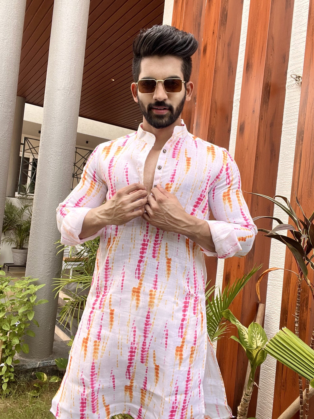 Pink Tie and Die Cotton Linen Kurta (ONLY TOP)