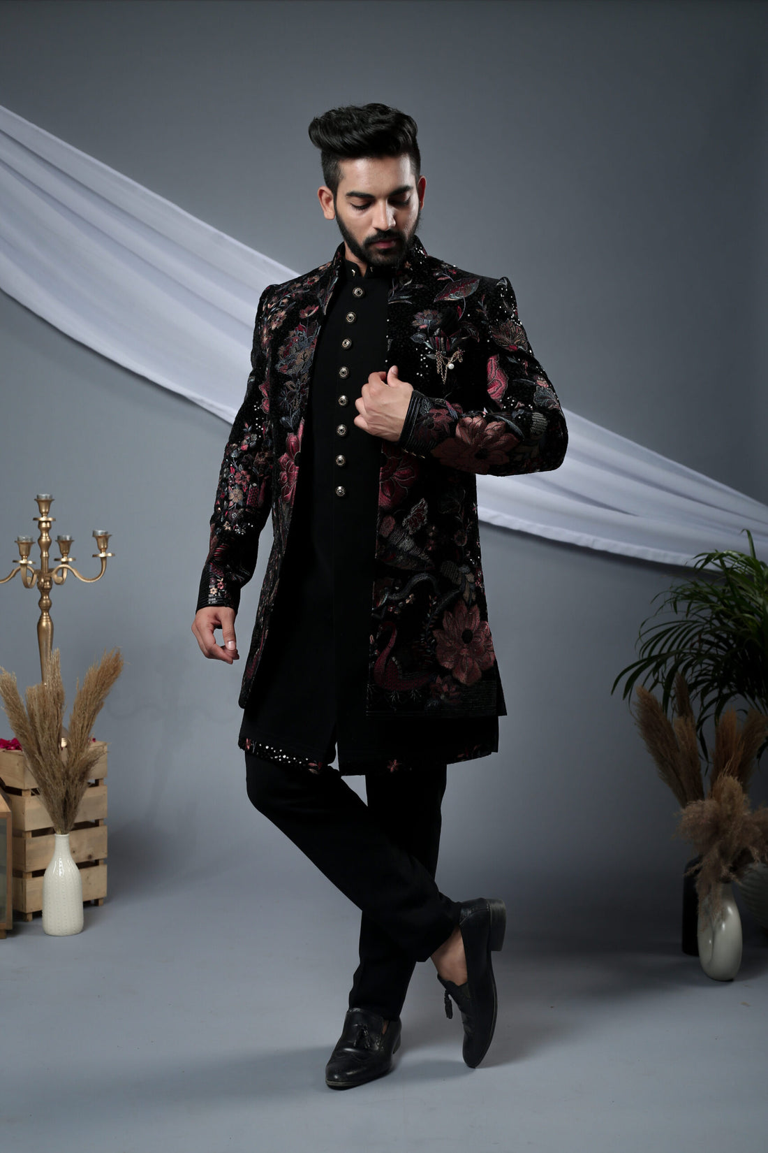 Black Silk Detailed Floral Embroidered Open Jacket IndoWestern For Men