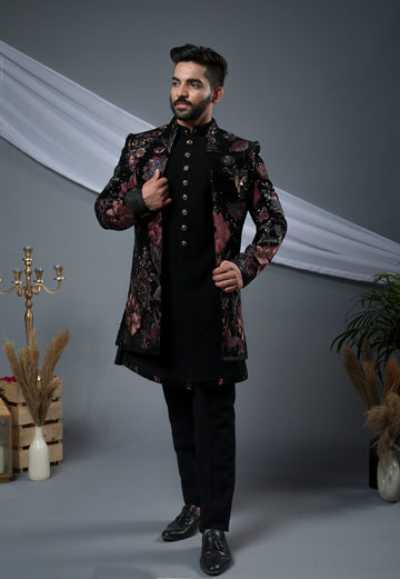 Midnight Bloom Jacket: Black with Intricate Floral Embroidery: