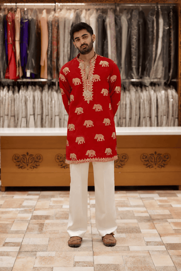 Red Kurta with Elephant Embroidery & Korean Baggy Pants