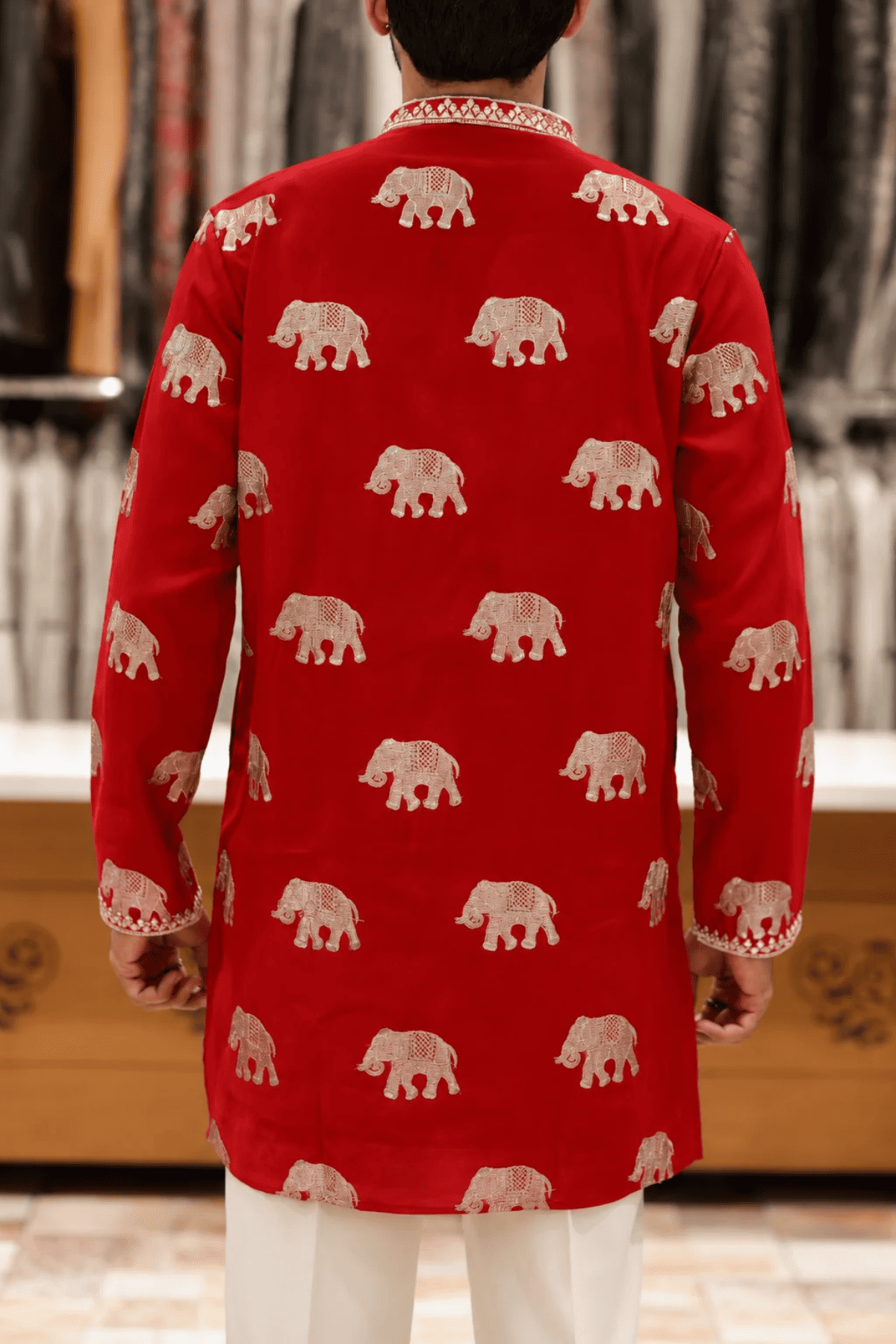 Red Kurta with Elephant Embroidery & Korean Baggy Pants
