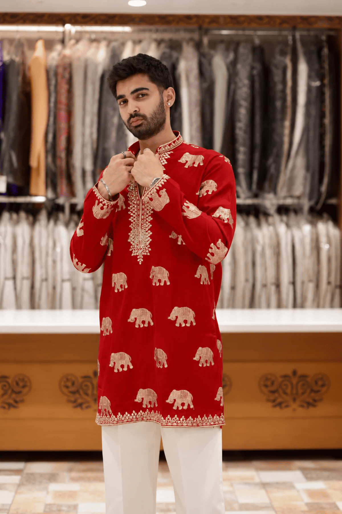 Red Kurta with Elephant Embroidery & Korean Baggy Pants