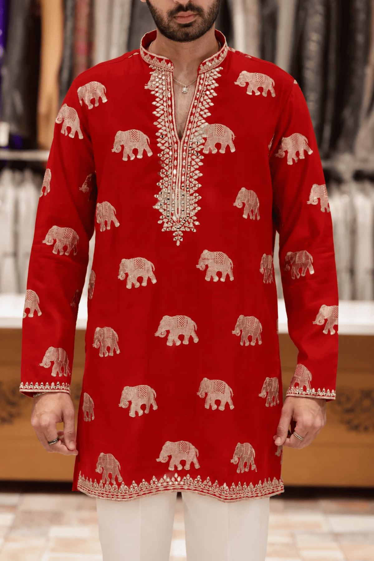 Red Kurta with Elephant Embroidery & Korean Baggy Pants