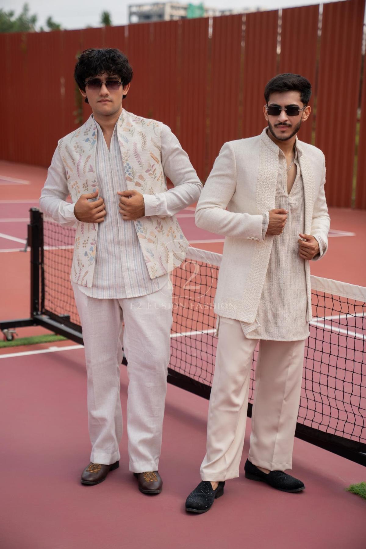 Ivory Floral Embroidered Jacket Set with Striped Kurta & Trousers