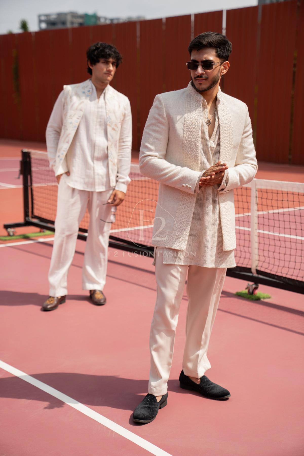Ivory Textured Indo-Western For Men