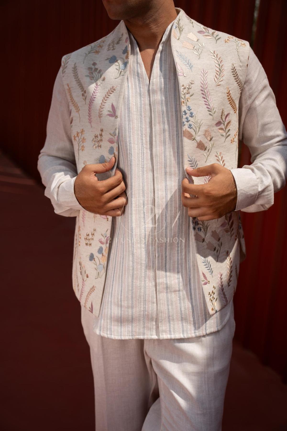 Ivory Floral Embroidered Jacket Set with Striped Kurta & Trousers