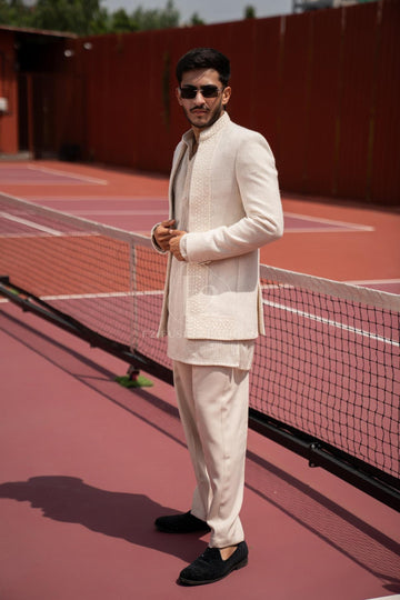 Ivory Textured Indo-Western For Men