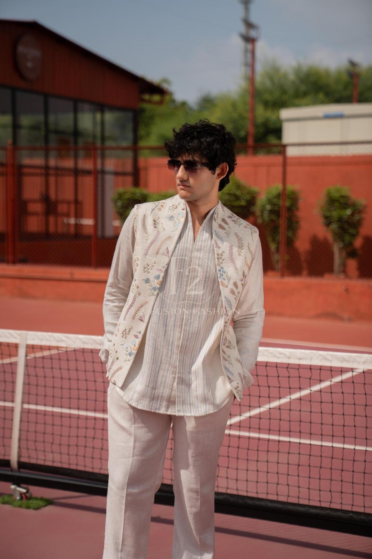 Ivory Floral Embroidered Jacket Set with Striped Kurta & Trousers