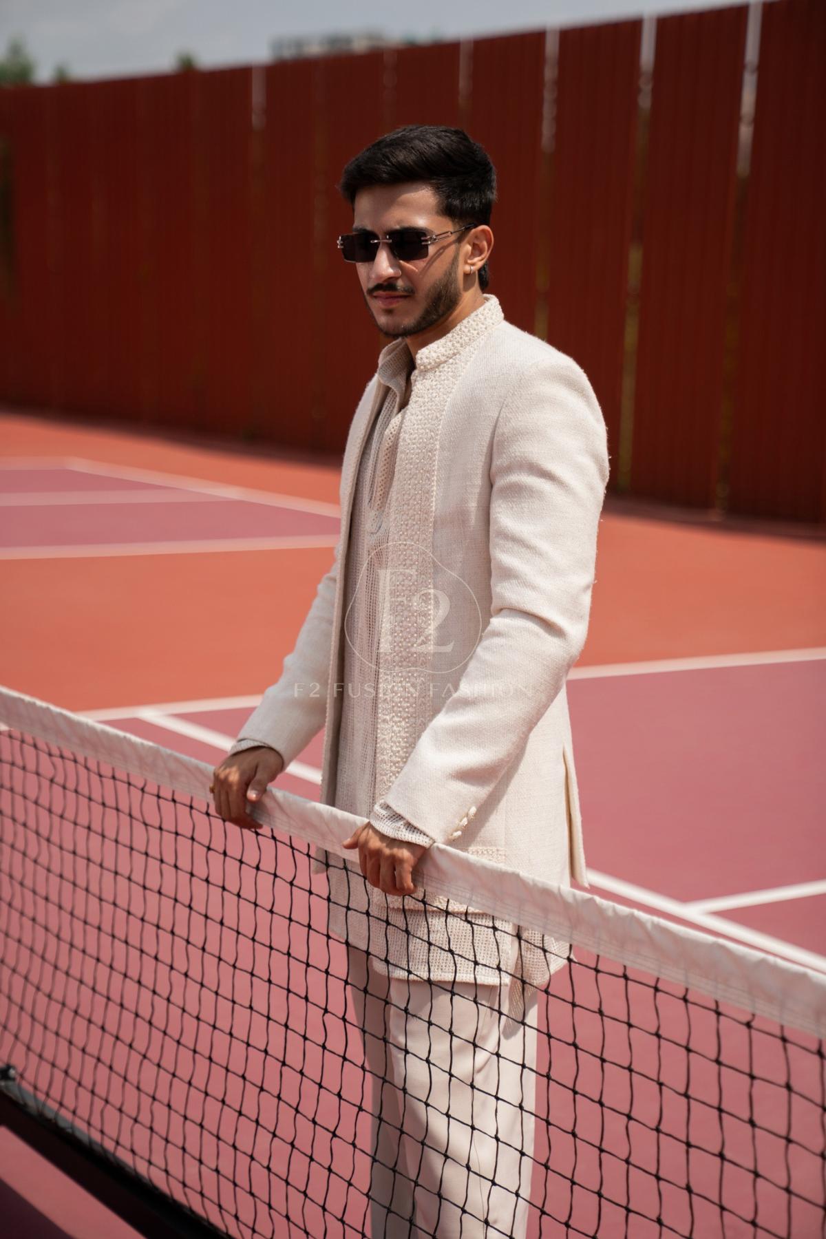 Ivory Textured Indo-Western For Men