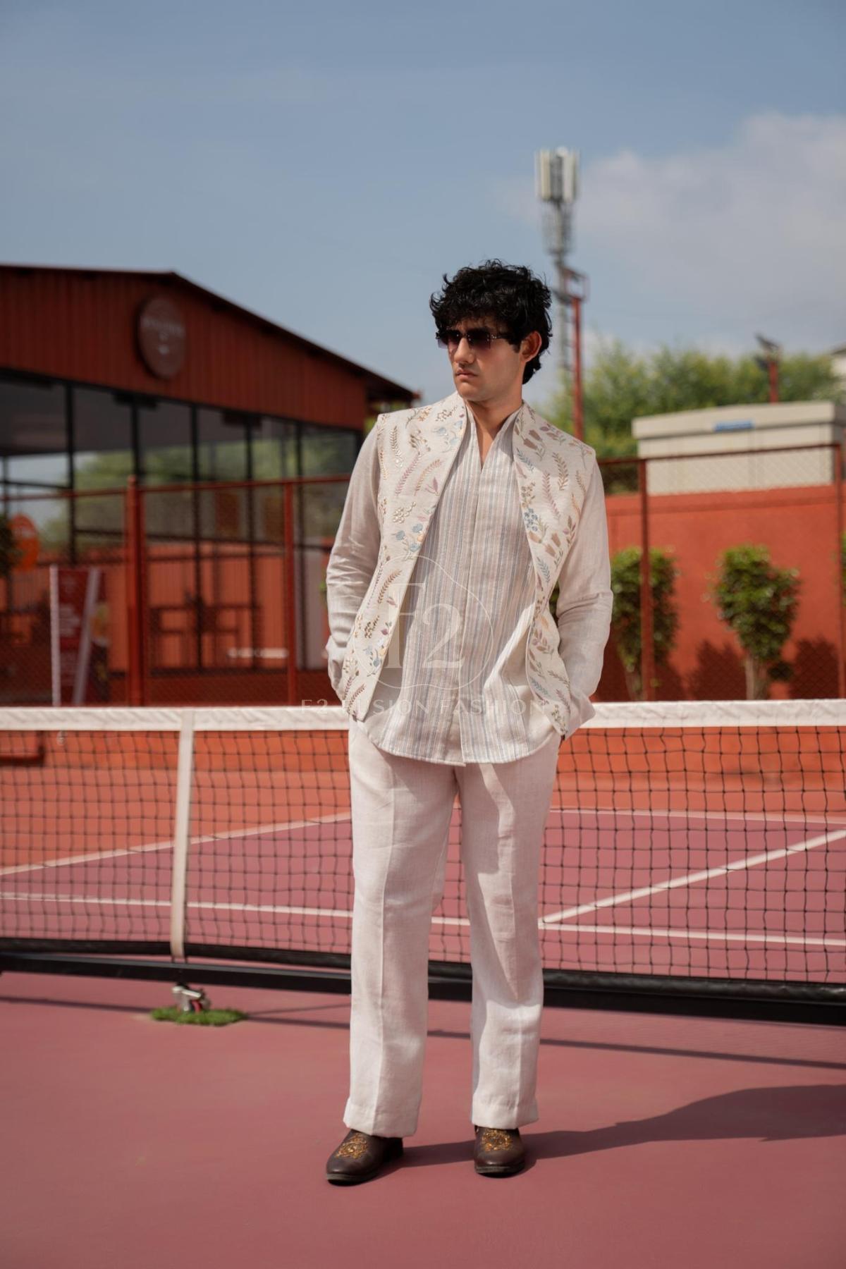 Ivory Floral Embroidered Jacket Set with Striped Kurta & Trousers