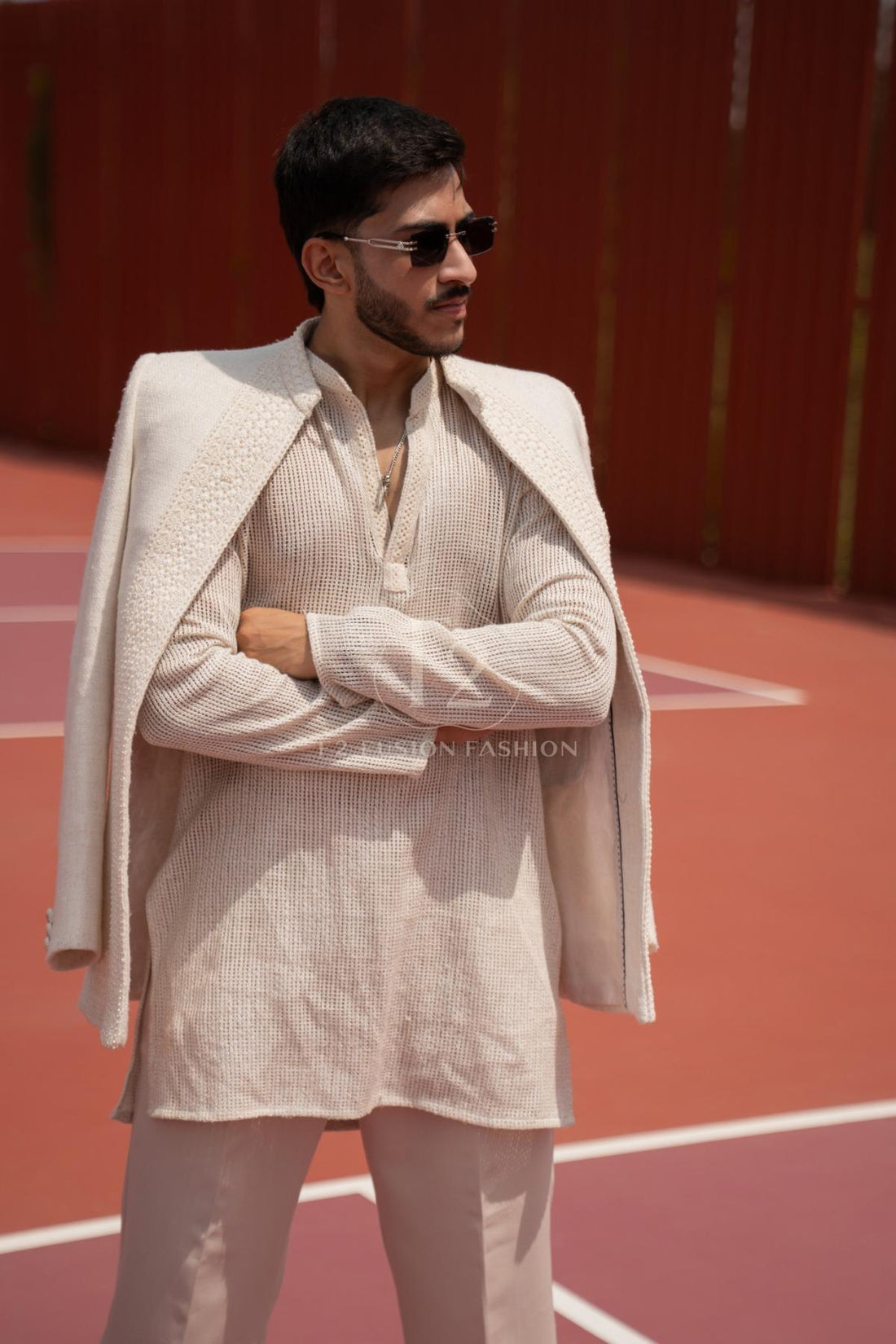 Ivory Textured Indo-Western For Men