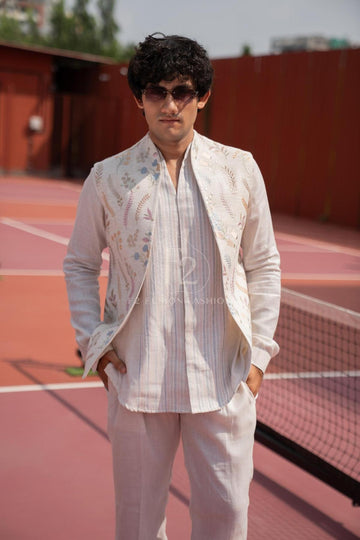 Ivory Floral Embroidered Jacket Set with Striped Kurta & Trousers