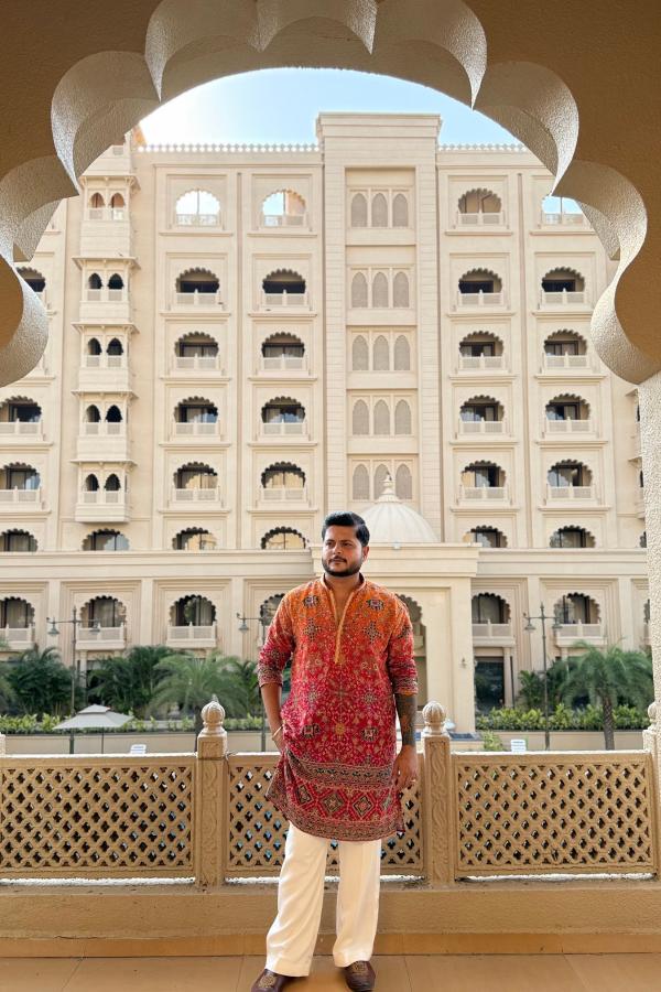 Royal Rust & Pink Ombre Embroidered Designer Kurta Pyjama For Men (Luxury Korean Pants)