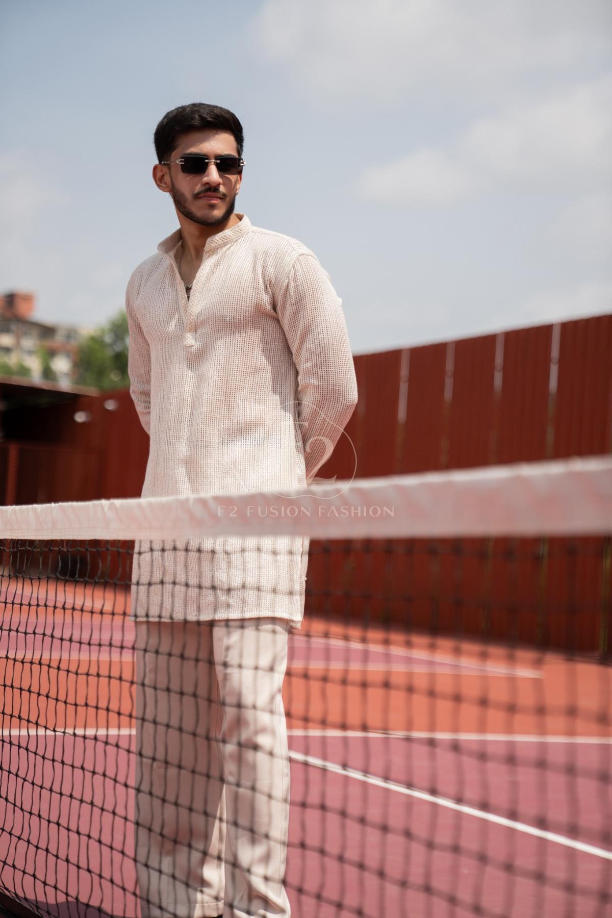 Ivory Textured Indo-Western For Men