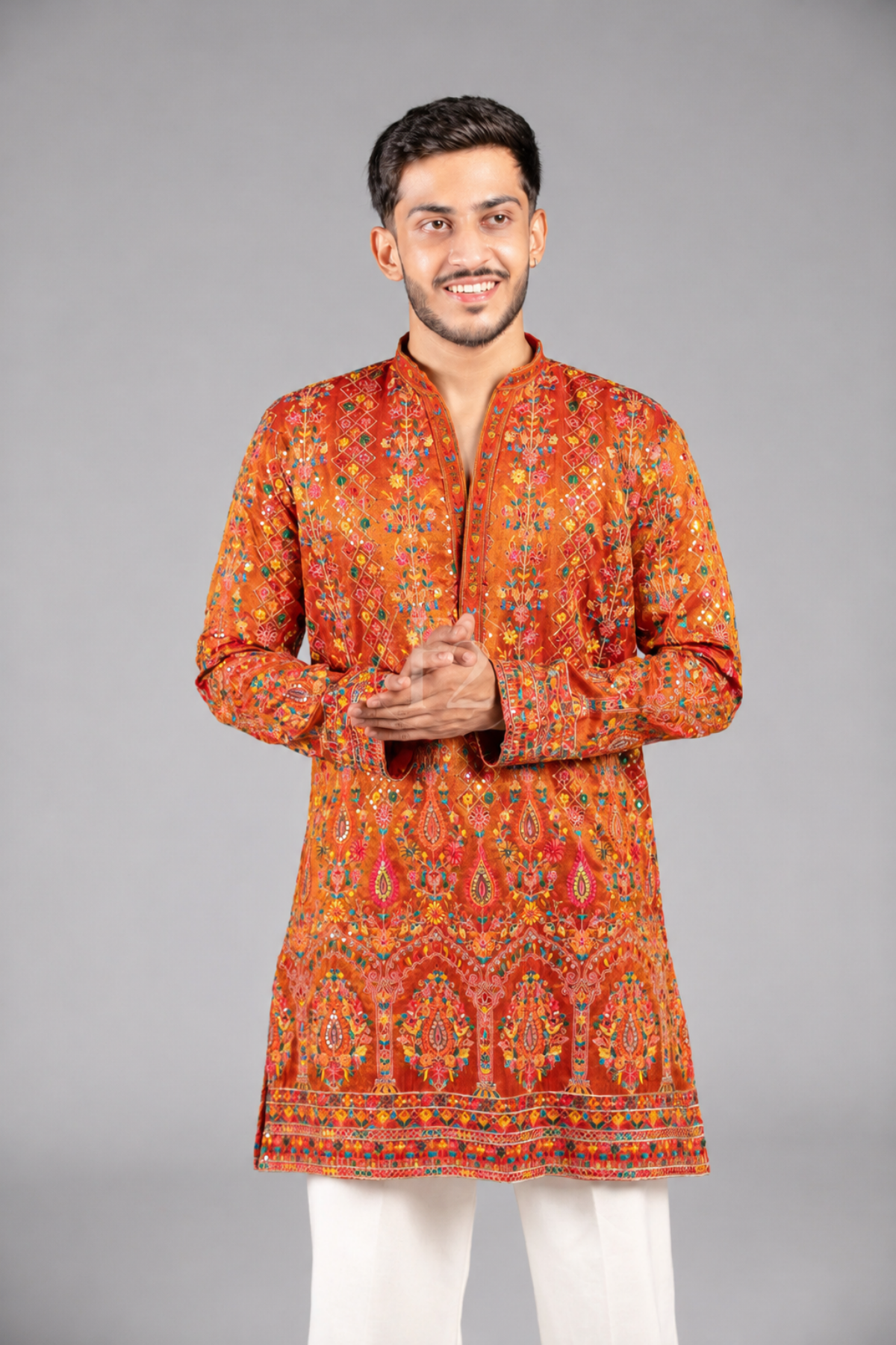 Rust Orange Embroidered Festive Kurta Set for Men (Luxury Korean Pants)