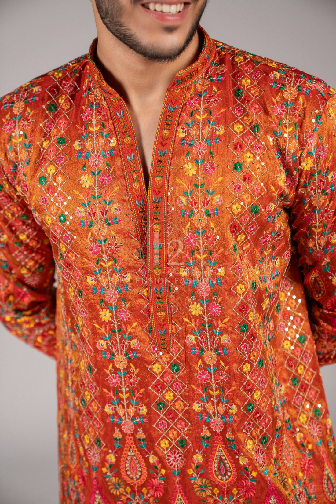 Rust Orange Embroidered Festive Kurta Set for Men (Luxury Korean Pants)