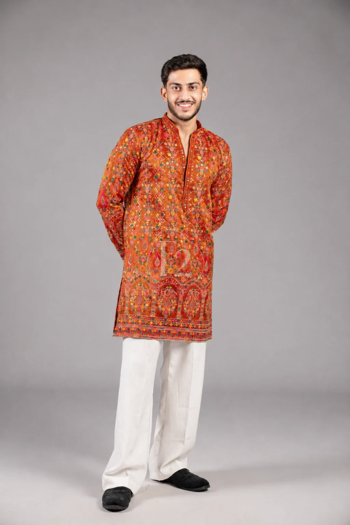 Rust Orange Embroidered Festive Kurta Set for Men (Luxury Korean Pants)