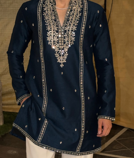 Midnight Navy Royal Embroidered Kurta with Payjama (Luxury Korean Pant )
