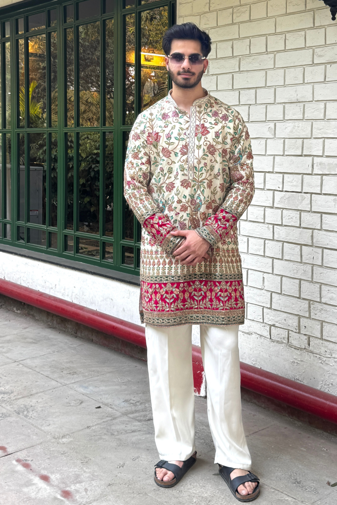 Ivory Multicolor Floral Embroidered Designer Kurta For Men (Luxury Korean Pants)