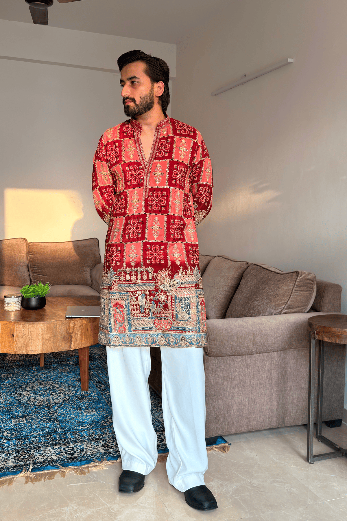 Rose Pink Embroidered Kurta Pyjama For Men (Luxury Korean Pants)