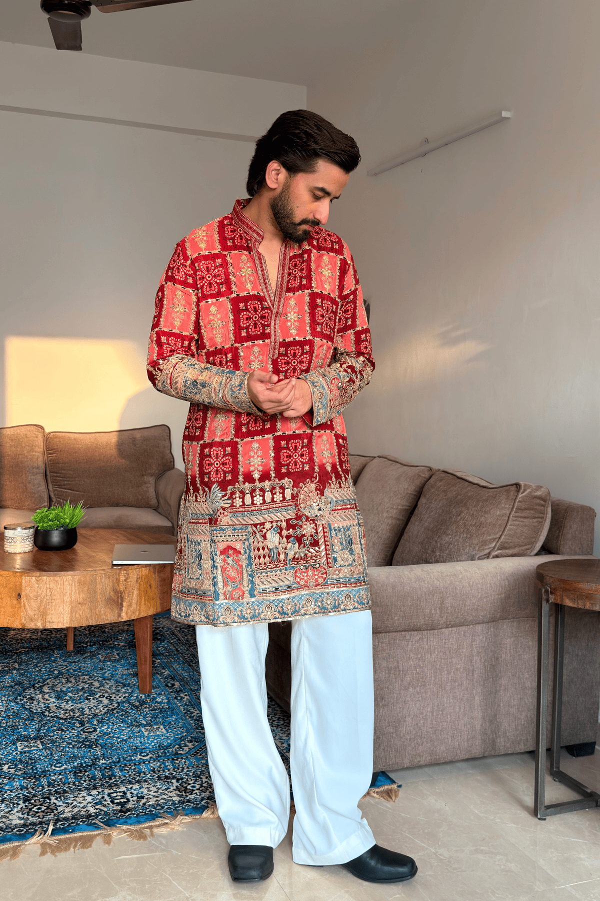 Rose Pink Embroidered Kurta Pyjama For Men (Luxury Korean Pants)