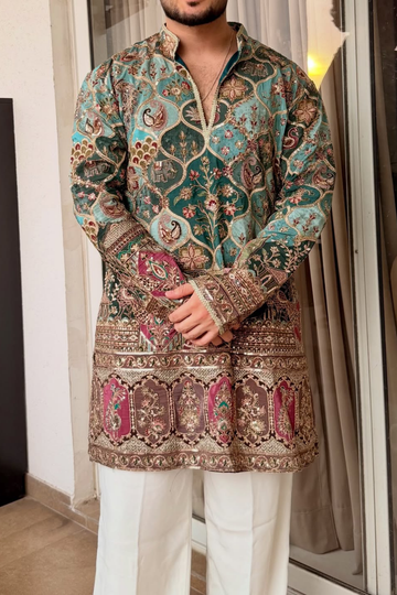 Heritage Teal Designer Kurta Pyjama For Men (Luxury Korean Pants) | Pre-Book Now