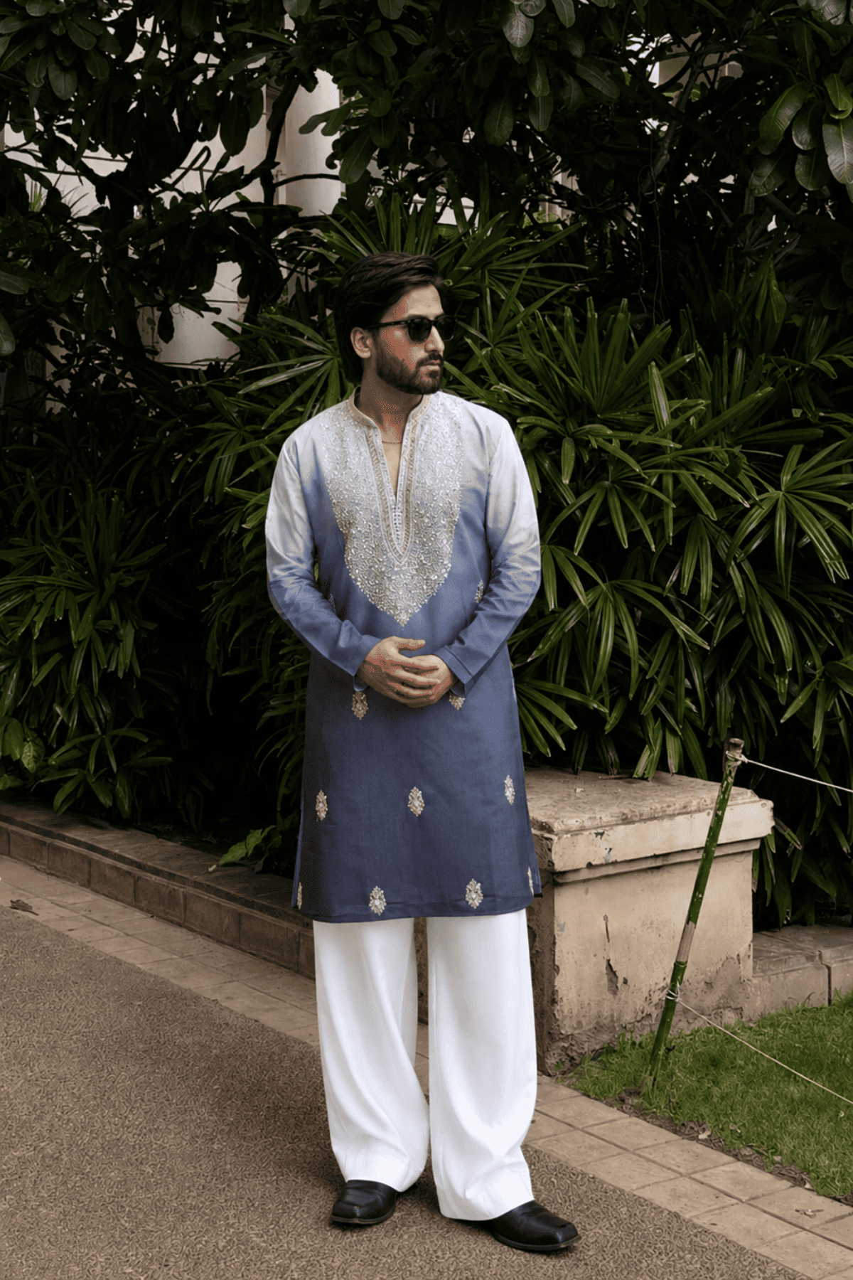 Powder Blue Ombre Kurta Pyjama For Men (Luxury Korean Pants)