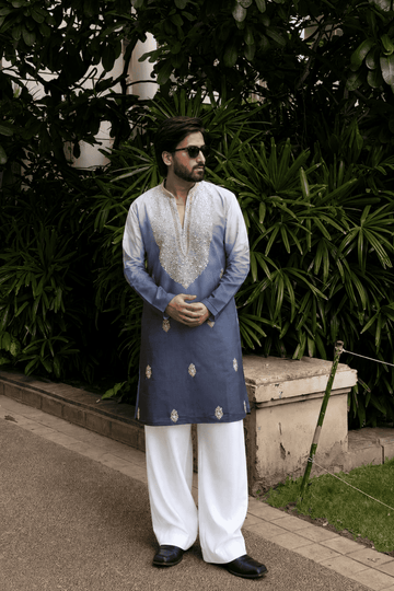 Powder Blue Ombre Kurta Pyjama For Men (Luxury Korean Pants)