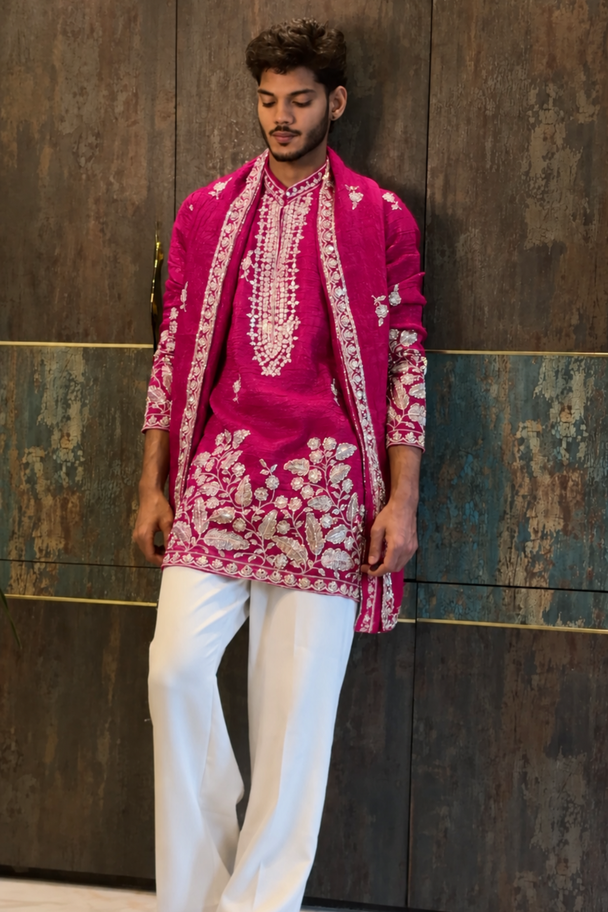 Chocolate Brown Luxury Embroidered Kurta Set For Men With Stole (Luxury Korean Pants)(Prebook)