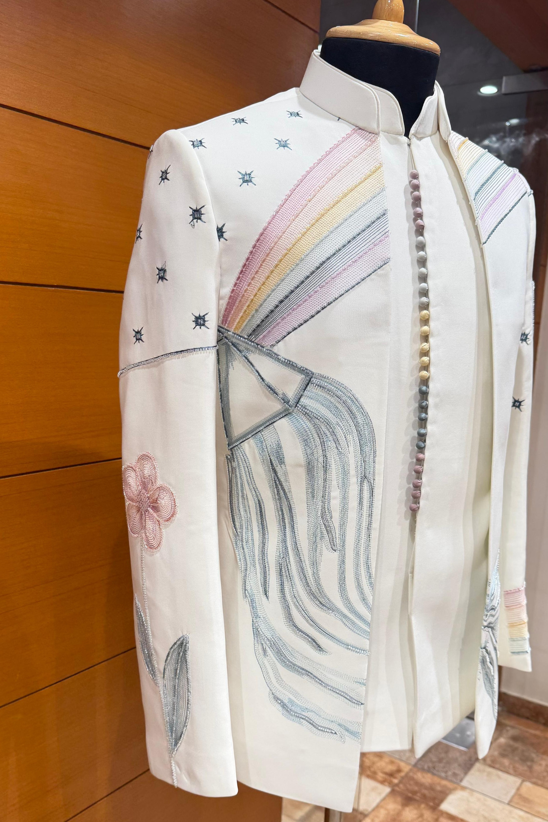 Off White Hand-Embroidered Open Jacket Jodhpuri Set For Men