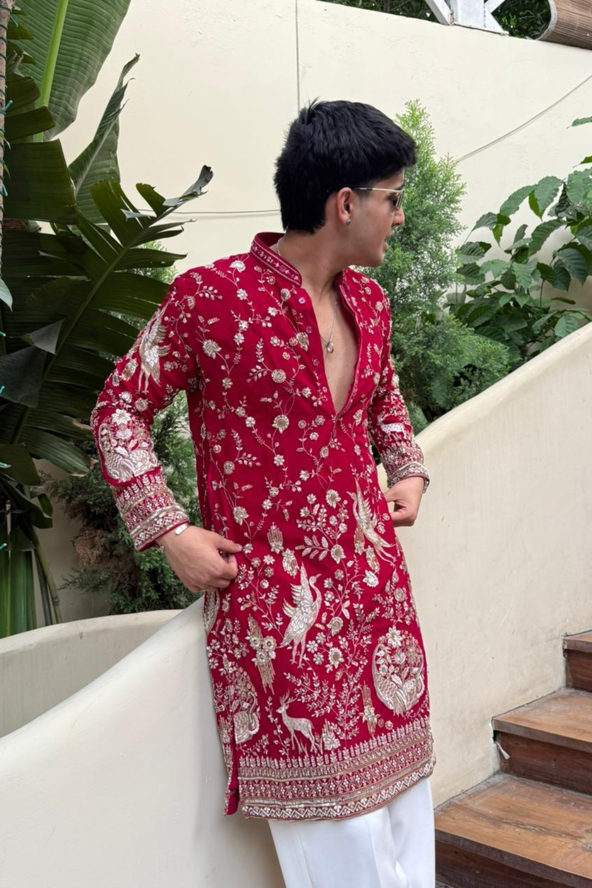 Red Zari Embroidered Kurta Pyjama For Men (Luxury Korean Pants)