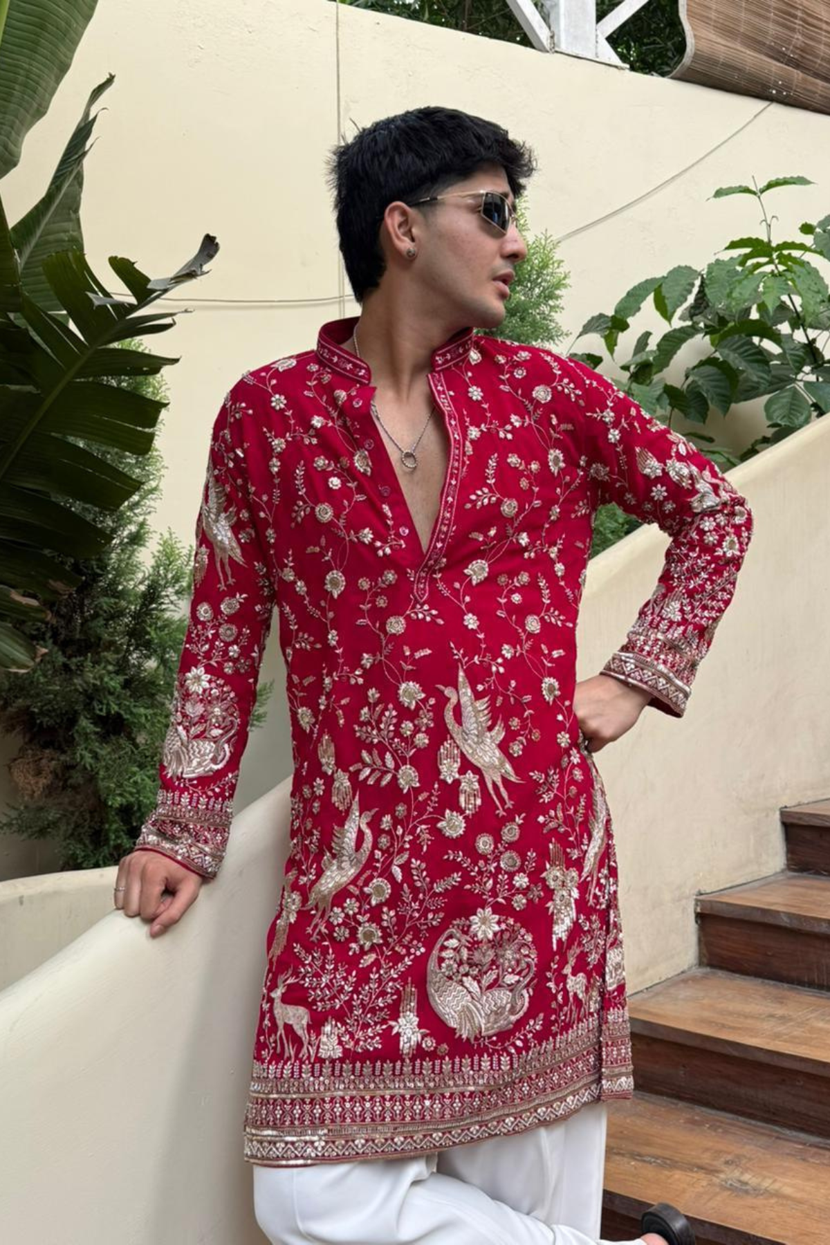 Red Zari Embroidered Kurta Pyjama For Men (Luxury Korean Pants)