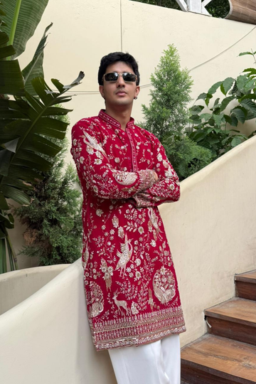 Red Zari Embroidered Kurta Pyjama For Men (Luxury Korean Pants)