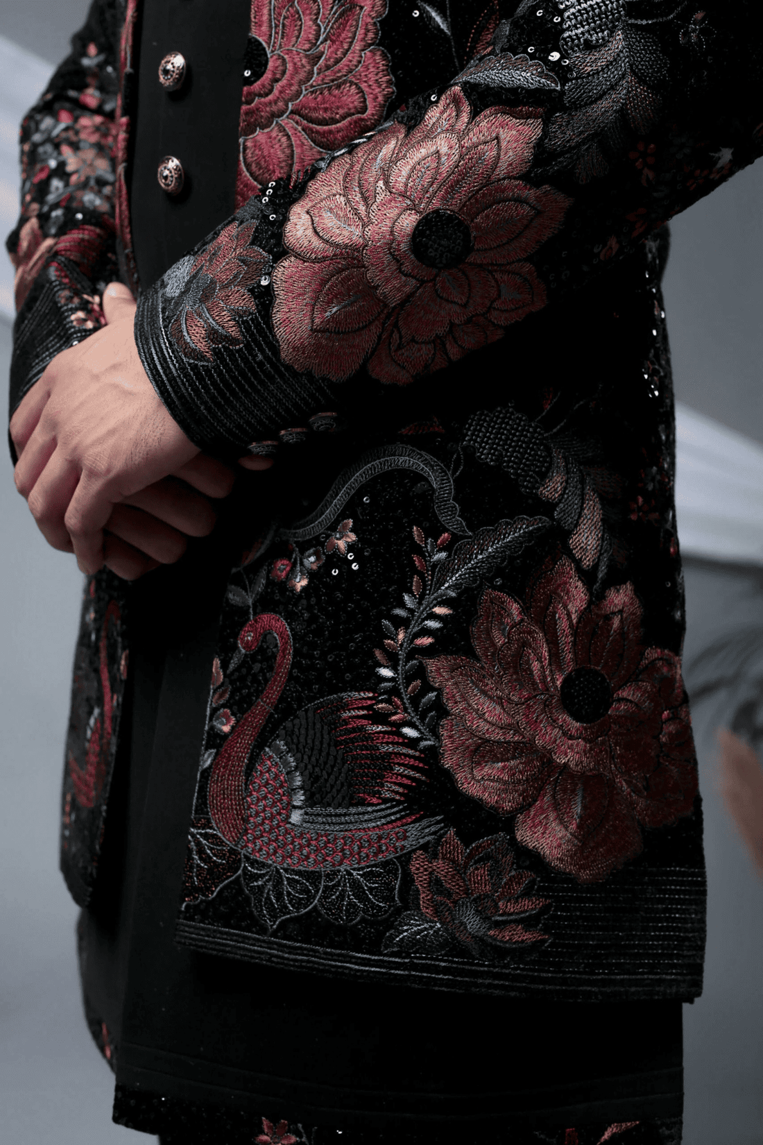 Midnight Bloom Jacket: Black with Intricate Floral Embroidery