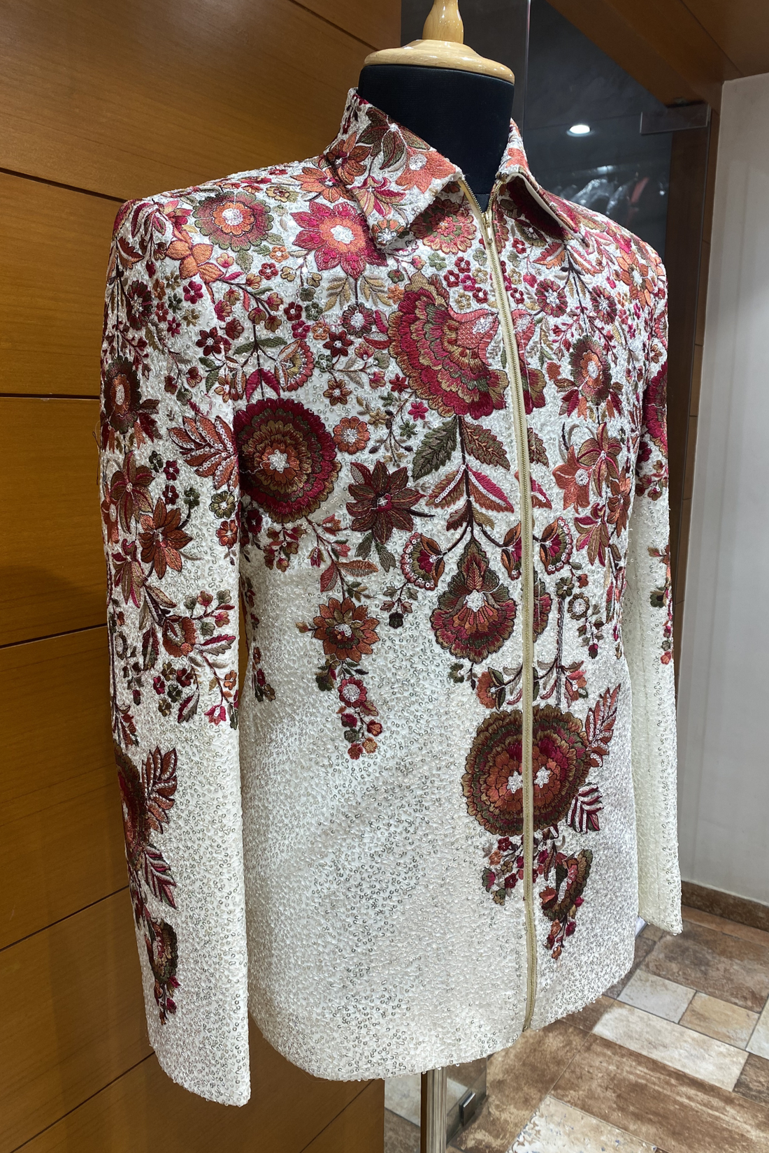 Ivory Multicolor Floral Embroidered Zipper Jacket for Men