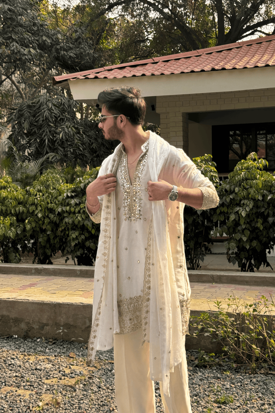 Ivory V-Neck Mirror Work Wedding Kurta Set For Men With Stole (Luxury Korean Pants)
