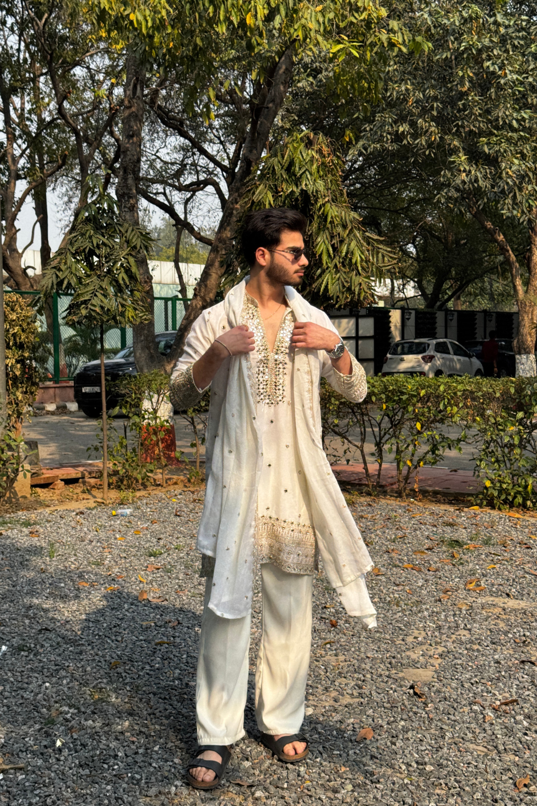 Ivory V-Neck Mirror Work Wedding Kurta Set For Men With Stole (Luxury Korean Pants)