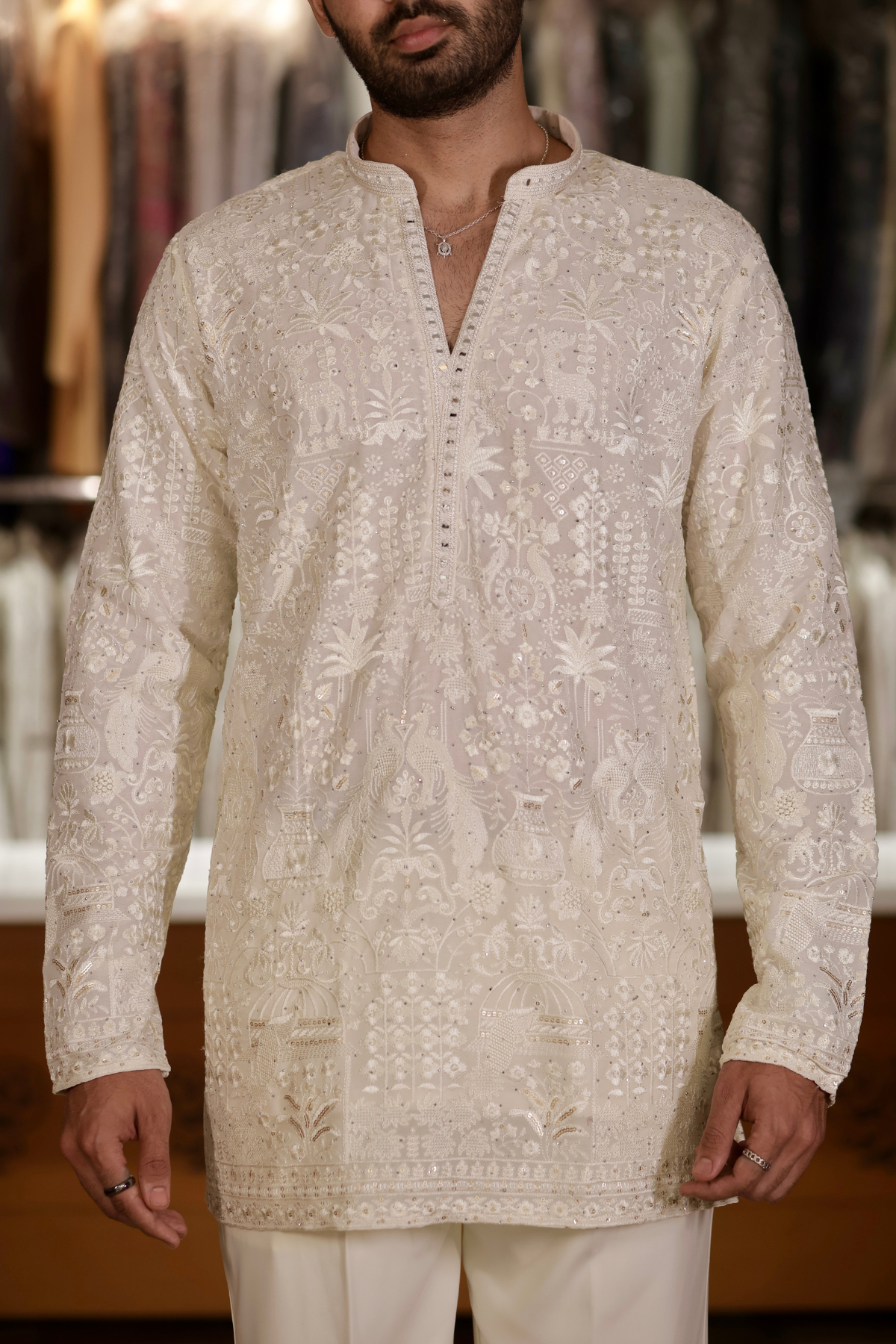 Cream Embroidered Short Only Kurta For Men