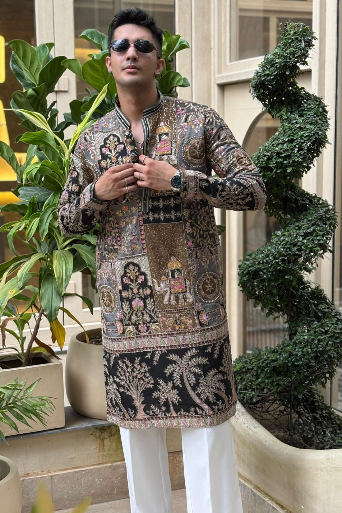 Black & Mehendi Green Royal Heritage Position Embroidered Kurta for Men