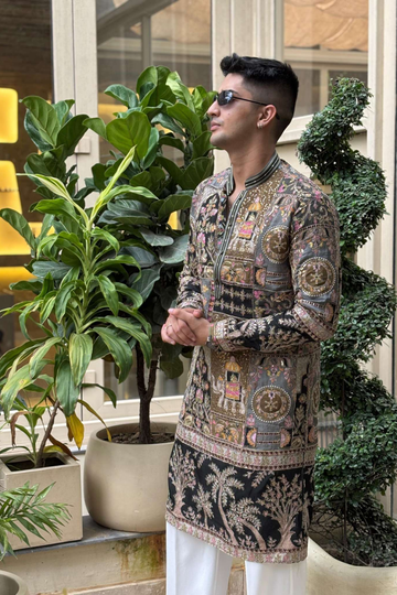 Black & Mehendi Green Royal Heritage Position Embroidered Kurta for Men