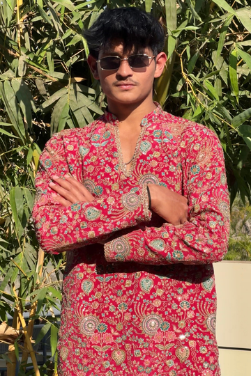 Royal Cherry Red Heritage Embroidered Kurta For Men (Luxury Korean Pants) | Pre- Book Now