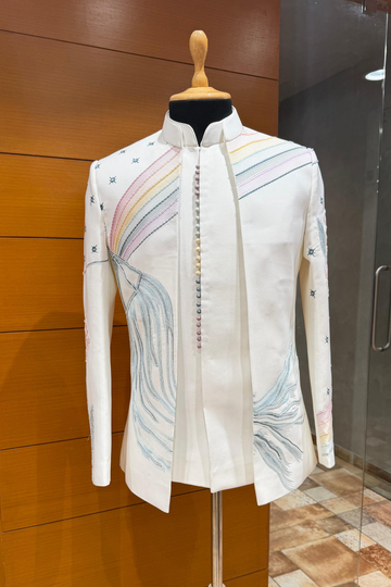 Off White Hand-Embroidered Open Jacket Jodhpuri Set For Men