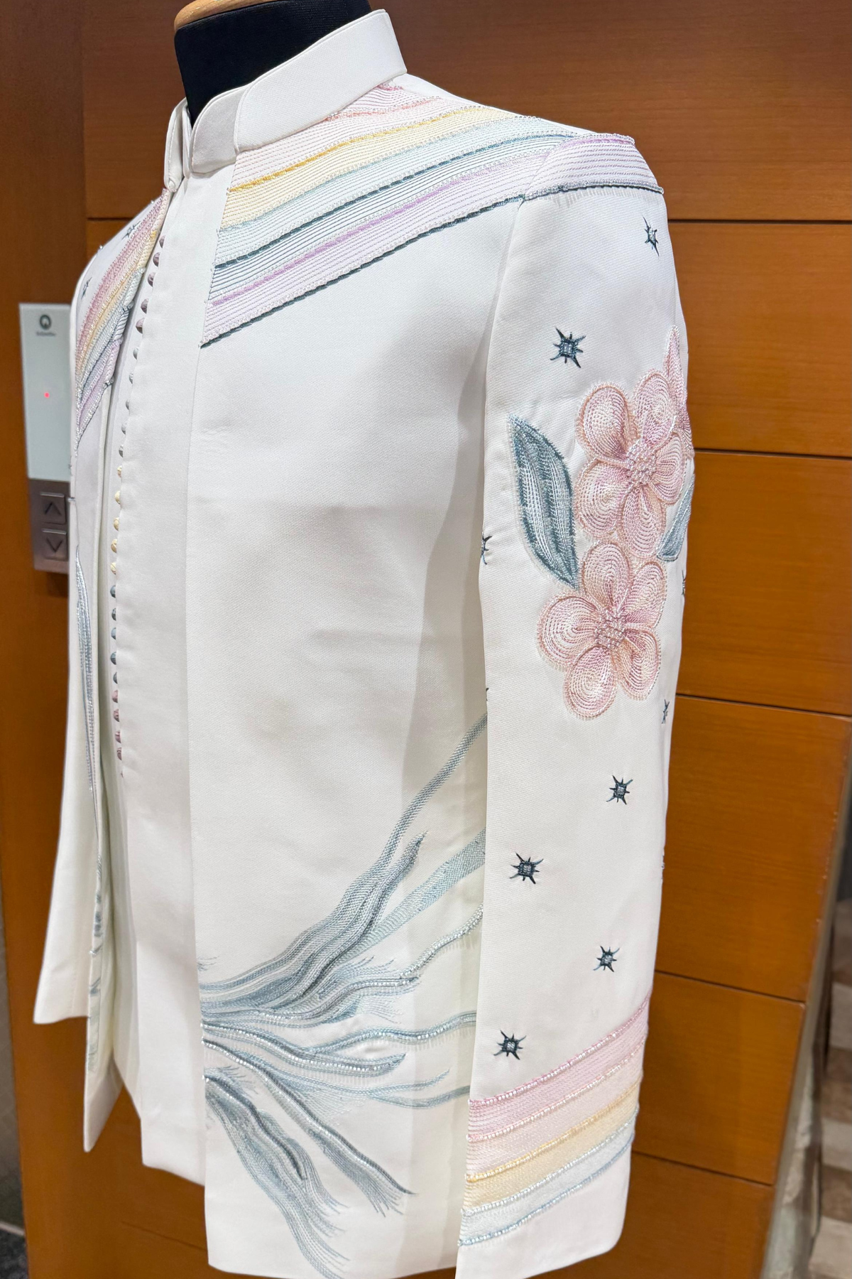 Off White Hand-Embroidered Open Jacket Jodhpuri Set For Men