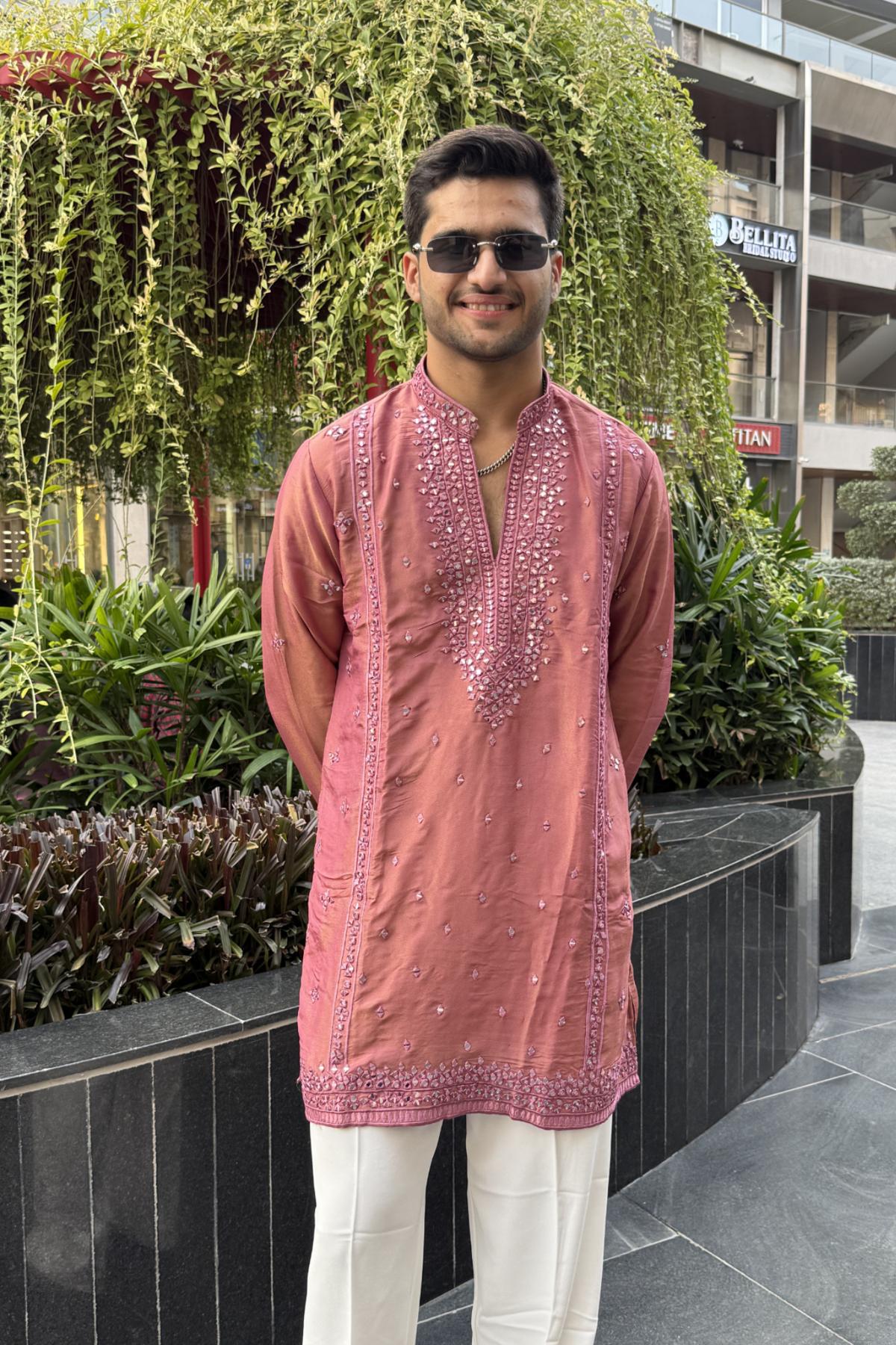 Warm Pink Mirror Work Kurta Pyjama For Men (Luxury Korean Pants) F2-1013