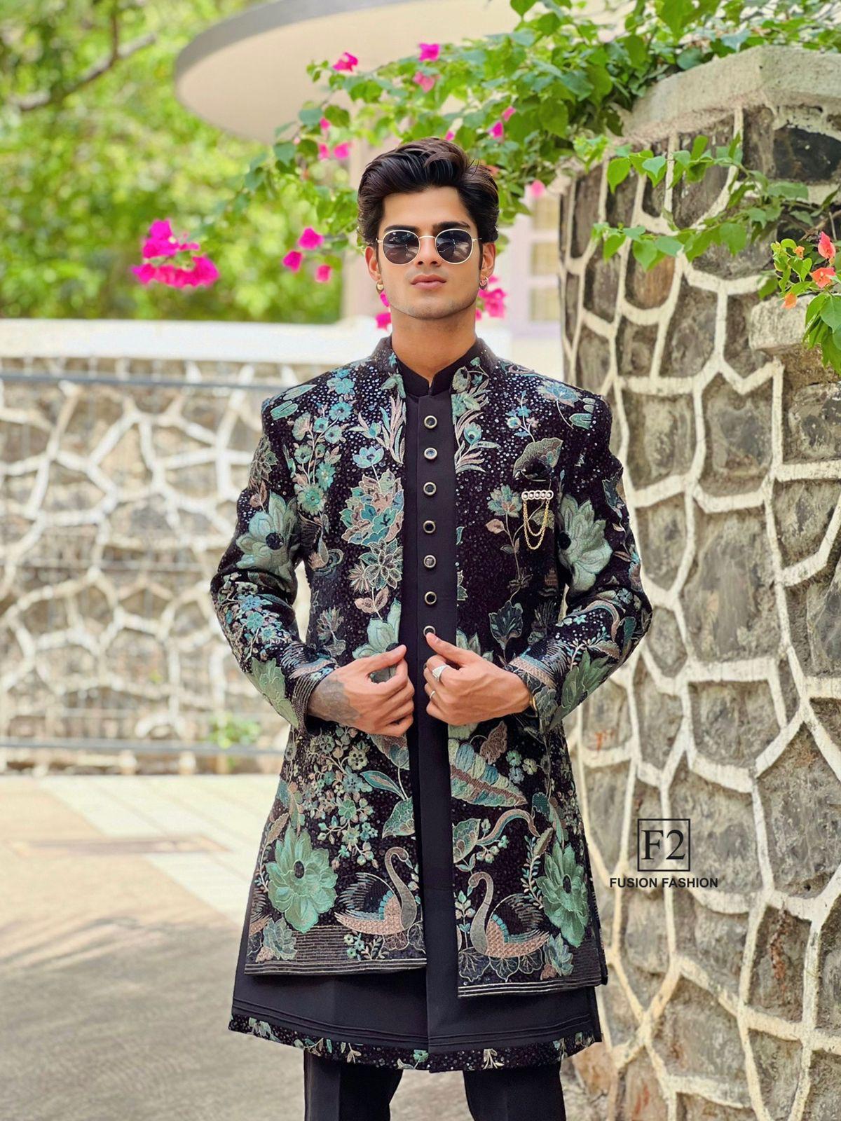 Rama Silk Detailed Floral Embroidered Open Jacket IndoWestern For Men