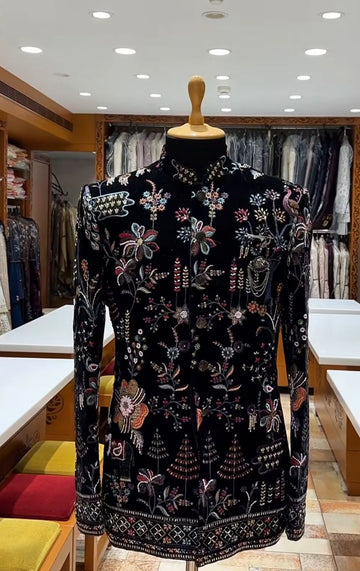 Black Velvet Jodhpuri Jacket with Multicolor Embroidery