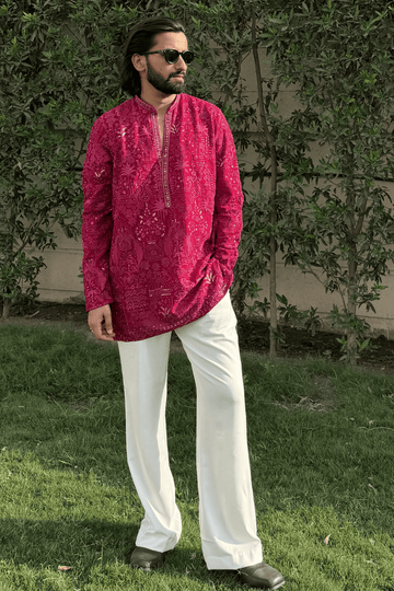 Wine Berry Embroidered Short Kurta For Men