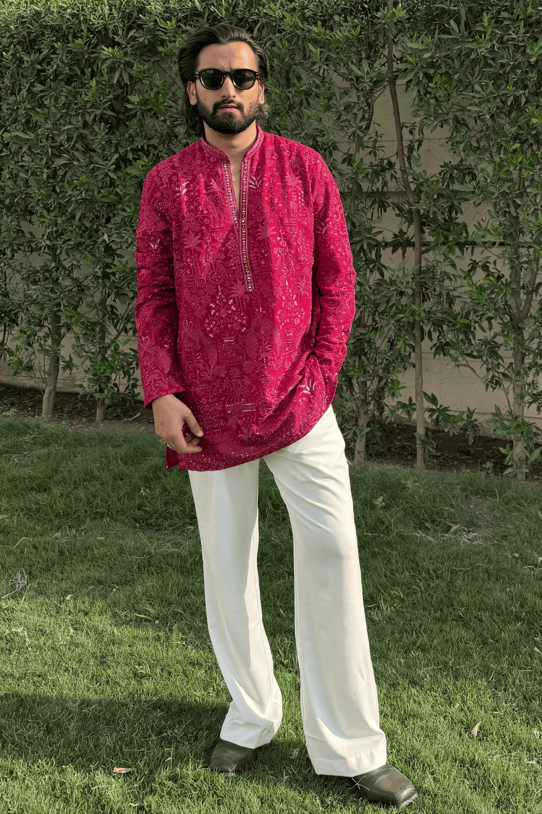Wine Berry Embroidered Short Kurta For Men