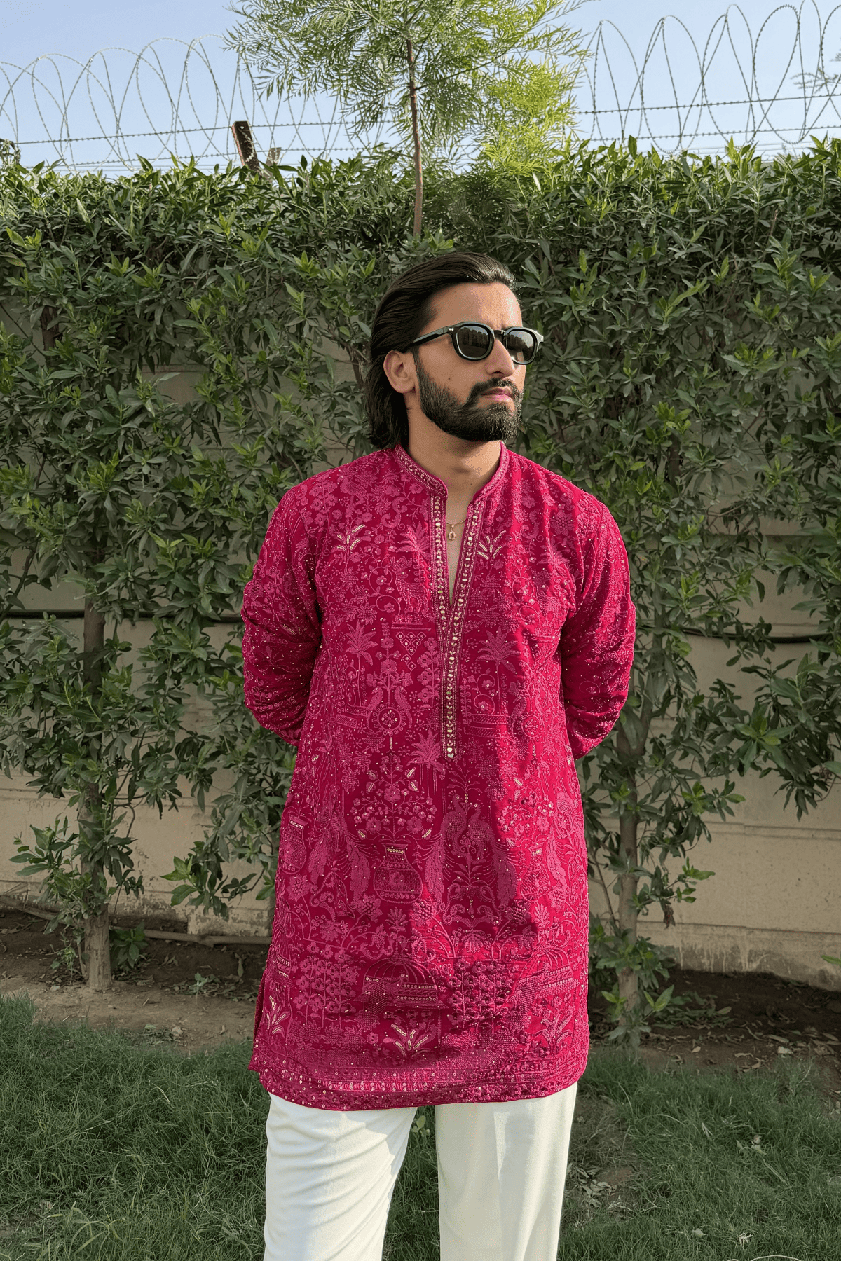 Wine Berry Embroidered Short Kurta For Men (Bootcut Pants)