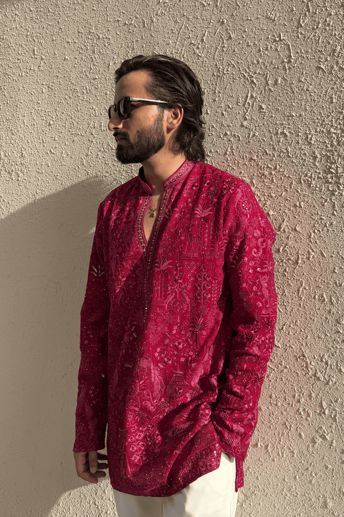 Wine Berry Embroidered Short Kurta For Men (Bootcut Pants)